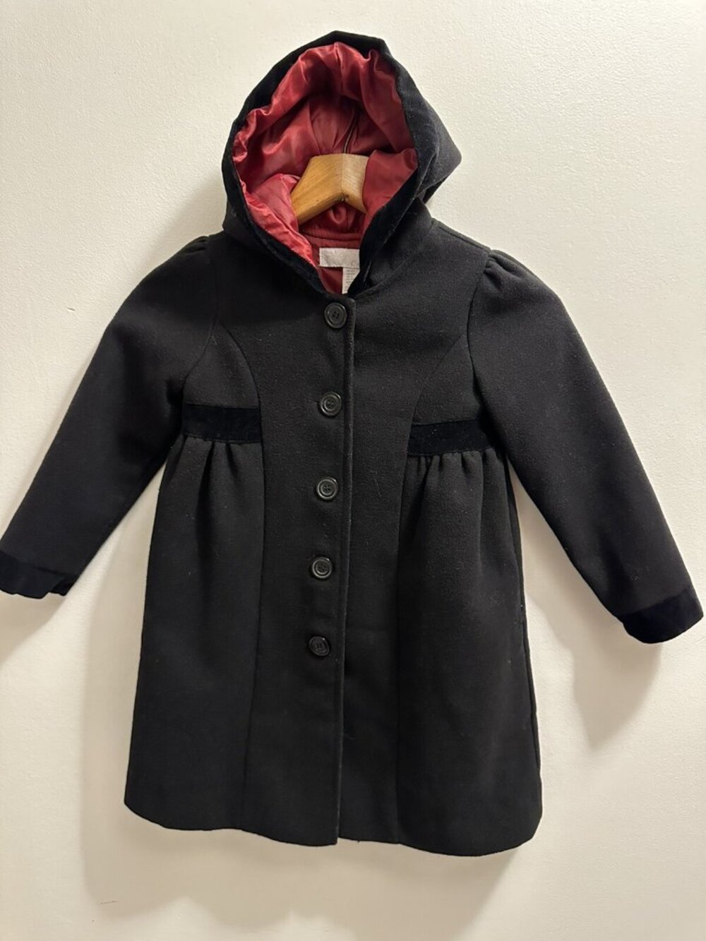Camilla Girls Black Wool Dress Coat Hooded Satin Lined Velvet Trim Size 5T